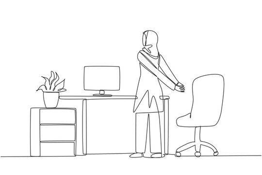 Single continuous line drawing Arabian woman stands with her hands behind her back. Stretching while reviewing the many reports that have been received. Overtime. One line design vector illustration