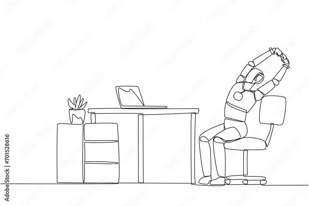 Poster single one line drawing robot sitting in work chair while raising both hands. stretching. make time 