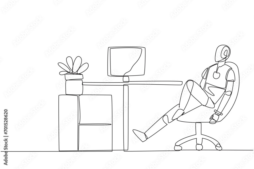Poster continuous one line drawing robot sits in work chair with one of legs raised and folded. robot relax