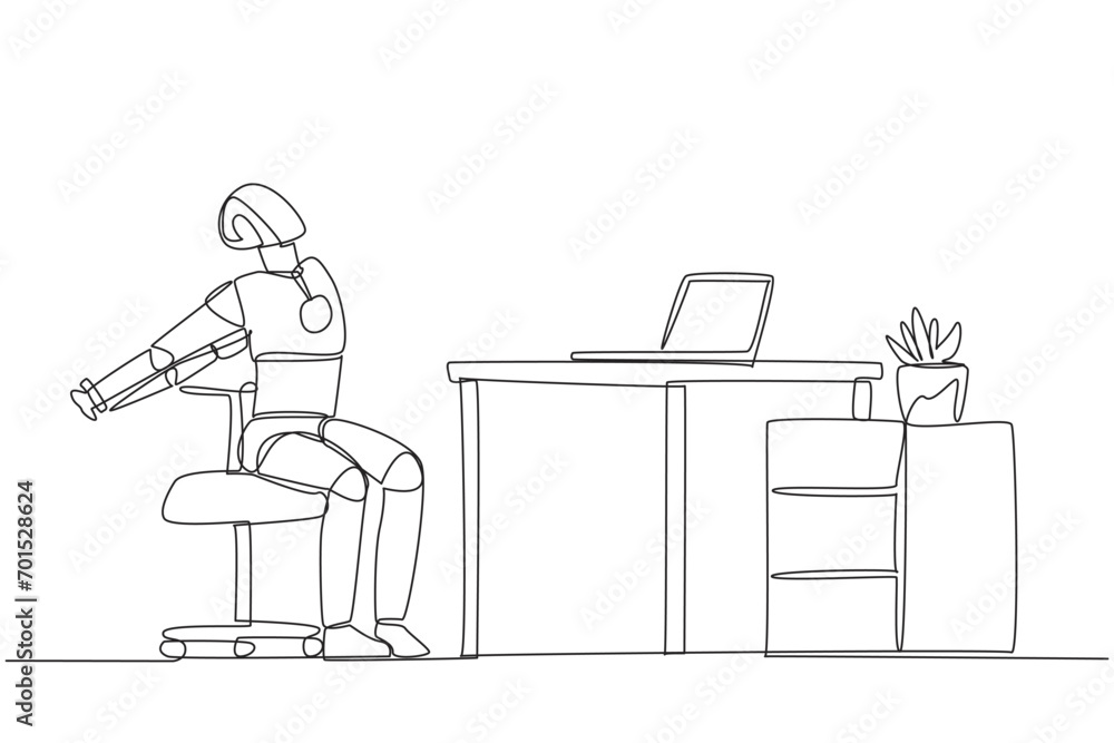 Poster single continuous line drawing robot sitting in work chair stretching arms behind back. stretching r