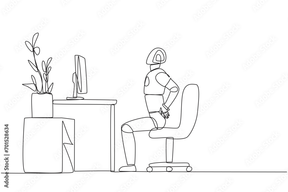 Poster continuous one line drawing robot sitting in a work chair with hands holding waist. tutorial robots.