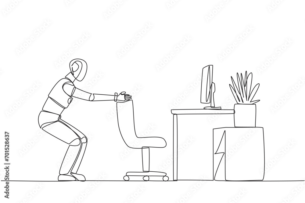 Poster single continuous line drawing smart robot stands with a slight bend and both hands hold the top of 