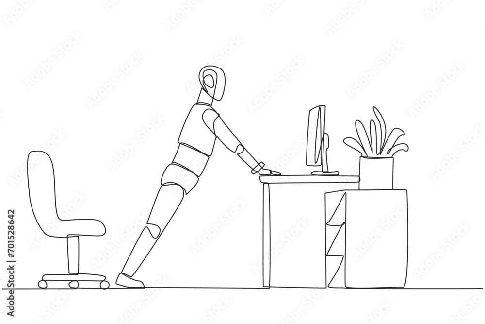 Poster single one line drawing robot do push up movements by holding edge of work table. tutorial robots. p