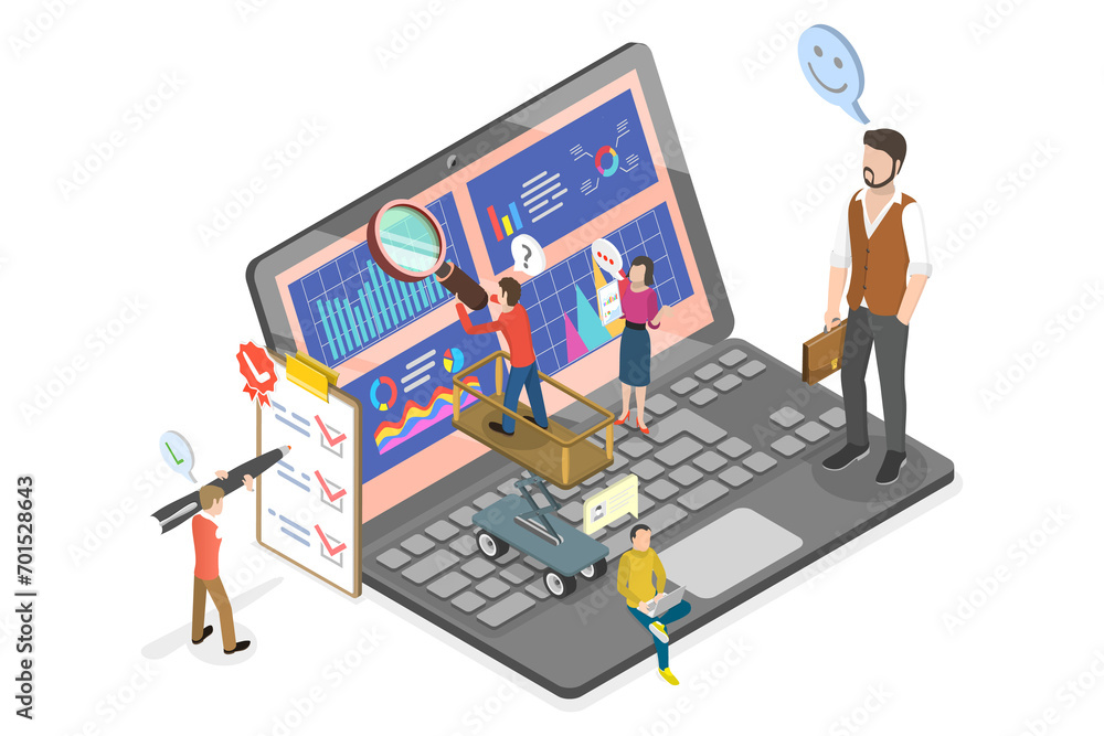 Aufkleber 3d isometric flat illustration of kpi data report dashboard, metrics analysis