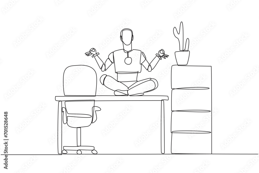Poster single continuous line drawing smart robot sitting cross-legged on a work desk. artificial intellige