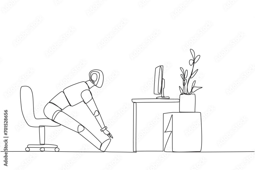 Poster single continuous line drawing robot sitting in work chair with legs straightened. robot trains stre