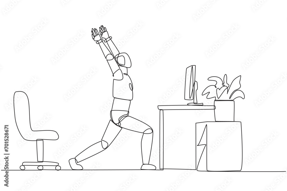 Poster continuous one line drawing robot stands with both hands raised and legs stretched. robots increase 