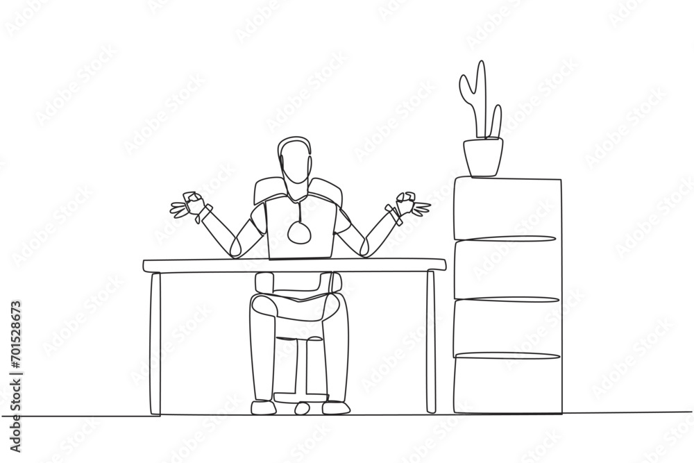 Poster single one line drawing robot sitting in a work chair with his fingers rounded. robots need a sense 