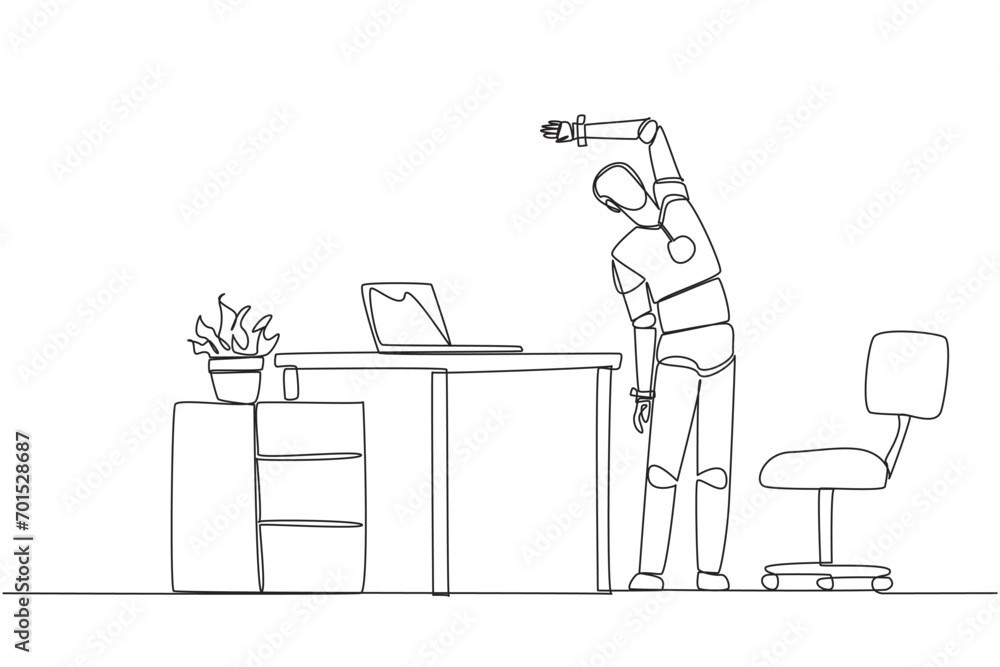 Poster single one line drawing robot stands while raising one hand and tilting body. a robot that is smart 