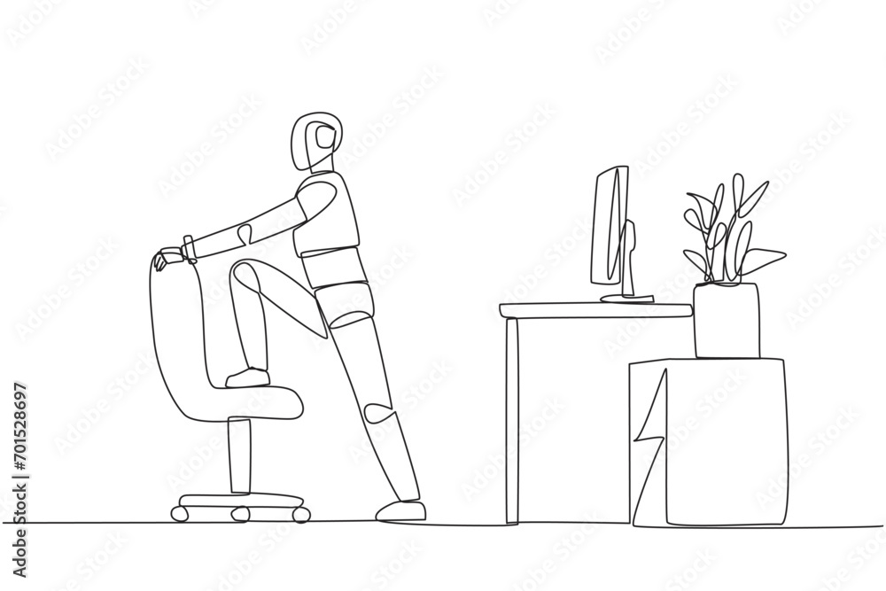 Poster continuous one line drawing robot stands while lifting one of his legs onto a chair. robot exercisin