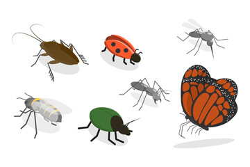 3D Isometric Flat  Set of Insects, Bug, Mosquito, Fly, Cockroach, Butterfly