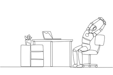 Single one line drawing robot sitting in work chair while raising both hands. Stretching. Make time for light exercise even if busy. Future technology AI. Continuous line design graphic illustration