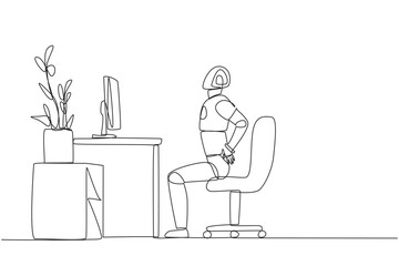 Continuous one line drawing robot sitting in a work chair with hands holding waist. Tutorial robots. Give instructions on how to stretch the body properly. Single line draw design vector illustration