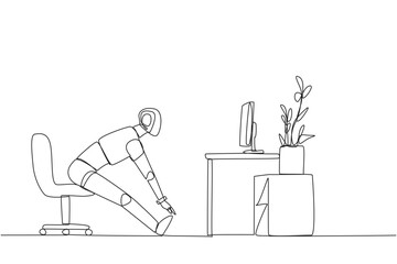 Single continuous line drawing robot sitting in work chair with legs straightened. Robot trains stretching. Practice every day. Artificial intelligence. Technology. One line design vector illustration
