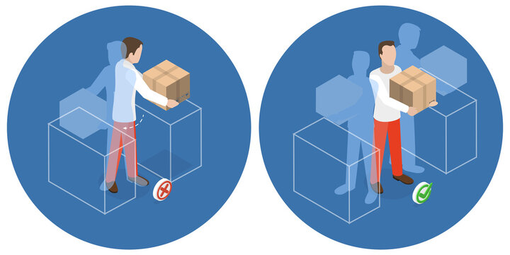 3D Isometric Flat  Illustration of Load Handling In Workplace, Safe Way of Manual Lifting of Weights
