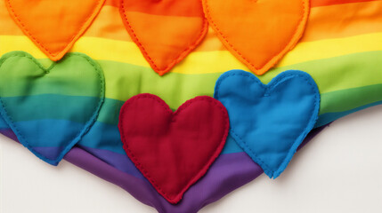 Fabric hearts in various colors of the rainbow, hand-stitched on a rainbow-striped cloth background. Diversity and inclusion concept. Valentine's day and love concept. Banner template, poster design.