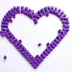 Heart-shaped frame made from purple toy bricks against a clean, white background. Unfinished or developing concept. Valentine's day and love concept. Banner template, poster design.