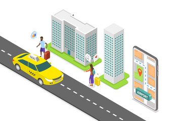 3D Isometric Flat  Illustration of Transport To Airport, Taxi Ordering