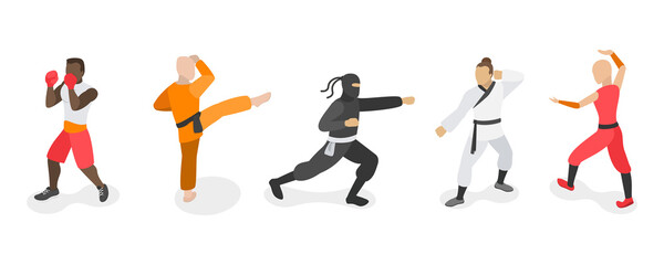 Fototapeta na wymiar 3D Isometric Flat Set of Martial Art Characters, Practicing Fighters