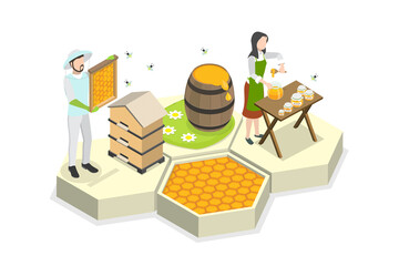 3D Isometric Flat  Illustration of Beekeeper, Nature, Apiculture and Ecology