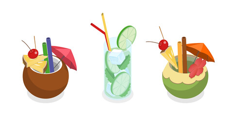 3D Isometric Flat  Set of Fresh Cocktails, Summer Beach Party Drinks