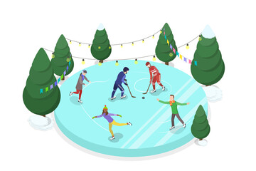 3D Isometric Flat  Illustration of Family Skating And Playing Hockey, Winter Sport Activities