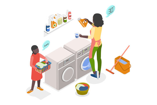 3D Isometric Flat  Illustration of Mom And Daughter Doing Housework , Housekeeping Management