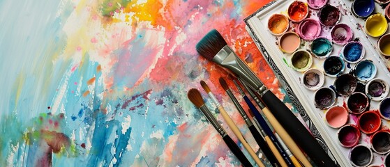 Fototapeta premium Artistic Inspiration: Top View of Paintbrushes, Watercolors, and Sketchbook