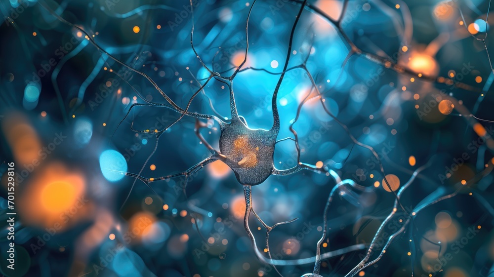 Poster neuron network with glowing nodes on blue backdrop