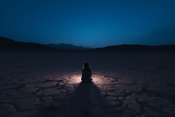  A woman meditating while sitting on the beach in dark.Minimal summer vacation concept.Copy space.Generative AI