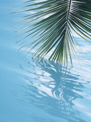 Fototapeta na wymiar The palm leaf and its shadow on the water's surface.Minimal summer vacation concept.Copy space,top view.Generated AI