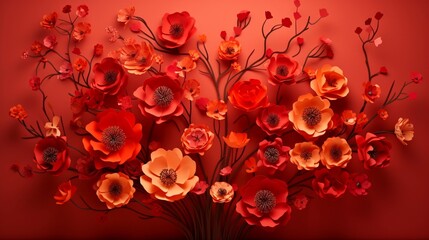 An intricate 3D arrangement of poppies and snapdragons in vibrant reds and oranges blossoming on a fiery red background, with a striking tree.