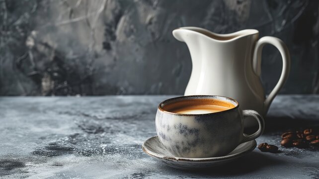 Ceramic cup of coffee with a milk jug on a gray surface