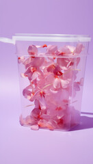 Flowers in a plastic box.Minimal creative nature concept.Generative Ai
