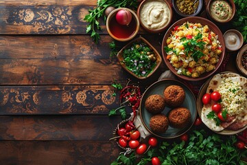Obraz na płótnie Canvas Egyptian Cuisine Flat Lay with Falafel & Koshari