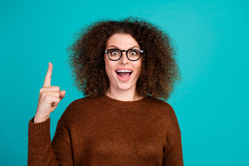 Portrait photo of young funky woman wear eyeglasses in brown sweater pointing finger up great idea...