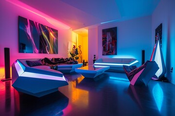 Futuristic Living Room with Neon Accents & Art

