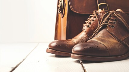 Elegant brown dress shoes with leather bag - obrazy, fototapety, plakaty