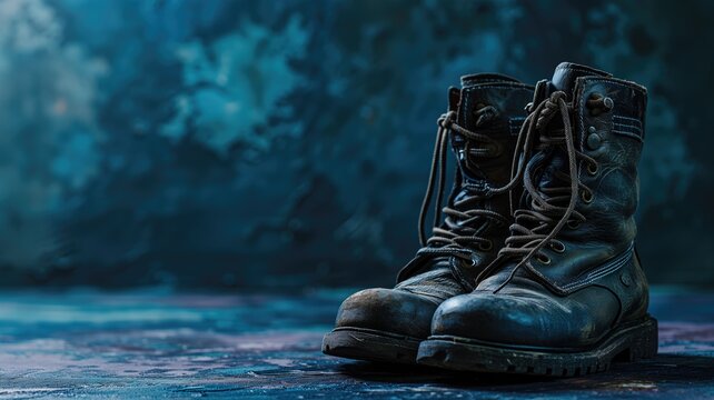 Worn combat boots on a textured blue surface