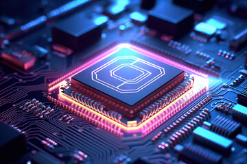 Close-up of a computer processor chip on a motherboard