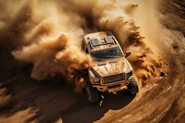 A dynamic aerial view of monster truck, with large tires, making its way off-road through rough terrain, kicking up dust and debris
