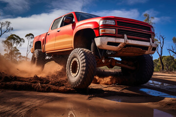 Fototapeta premium Monster truck driving outdoors amidst a cloud of dust. Thrill and adrenaline of an outdoor racing event on off-road terrain