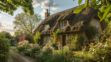 Fototapeta na wymiar Enchanting Thatched-Roof Cottage: Rustic Charm and Tranquility in a Quaint Garden