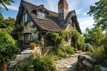Enchanting Thatched-Roof Cottage: Rustic Charm and Tranquility in a Quaint Garden - obrazy, fototapety, plakaty
