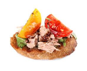 Delicious bruschetta with balsamic vinegar, tomato, arugula and tuna isolated on white