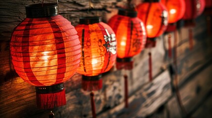 Naklejka premium Red color of Chinese lantern hang on ceiling and cream wood tabletop perspective for show promote product on display , celebration new year concept 