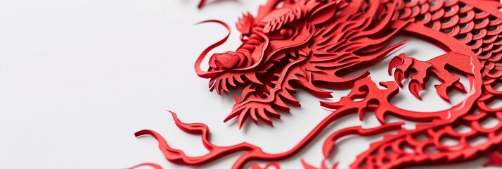 Close up of red paper cut art of Chinese dragon isolated on one side of white background with copy space, 3d paper cutting Chinese new year celebration background with space for text, greeting cards.