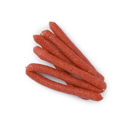 Thin dry smoked sausages isolated on white, top view