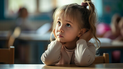 little student girl studying at school, cute little girl sitting at a desk in a classroom at school listening and studying very focus, looking up to the teacher, with copy space.
