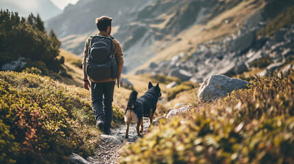 A man and a dog hiking in beautiful mountain landscape, man with tourist backpack hiking on spring...